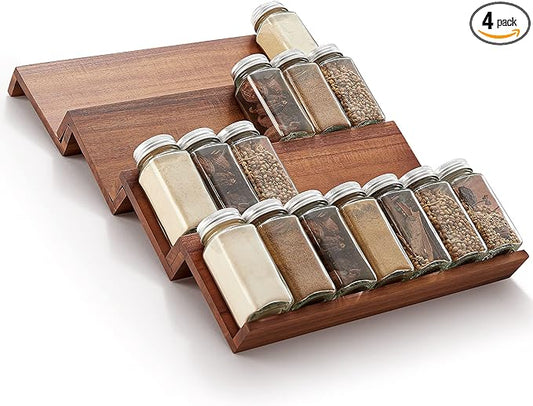 Tinamo Wood Spice Drawer Organizer - Acacia Wooden Tray Spice Racks Organizer for Cabinet Storage Shelf - 4 Tier Spice Rack for Drawer 32 Jars (Pack 4)