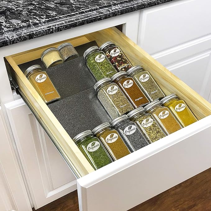 LYNK PROFESSIONAL® Spice Drawer Organizer - Heavy Gauge Steel 4 Tier Rack - Drawer Insert Tray for Spice Jars, Herbs and Seasoning - Kitchen Cabinet Storage - Silver Metallic, Medium