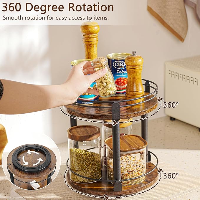 Lazy Susan Organizer 2 tier Rotating Spice Racks, Lazy Susan 360 Degree Turntable Spice Holder Rack for Cabinet and Kitchen Countertop, Rustic Brown