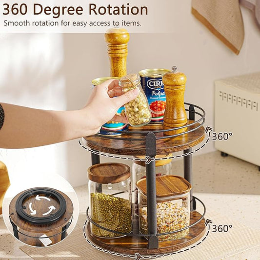Lazy Susan Organizer 2 tier Rotating Spice Racks, Lazy Susan 360 Degree Turntable Spice Holder Rack for Cabinet and Kitchen Countertop, Rustic Brown