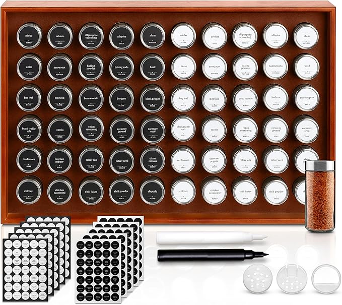 BOURBON & BARREL Wooden Spice Rack Organizer with Glass Jars | Stainless Steel Lids | Bamboo Countertop Spice Organization | 350 Waterproof Spice Labels | 2 Chalk Markers | 60 4oz Jars [Walnut]