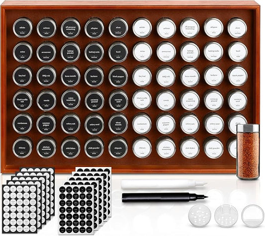 BOURBON & BARREL Wooden Spice Rack Organizer with Glass Jars | Stainless Steel Lids | Bamboo Countertop Spice Organization | 350 Waterproof Spice Labels | 2 Chalk Markers | 60 4oz Jars [Walnut]