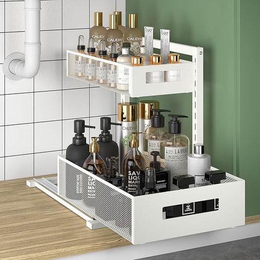 Sturdy Full Metal Organizer and Storage, 7 Height Adjustable, for Under Sink, Kitchen, Bathroom, Pantry, Cabinet, Closet with Mesh Sliding Bottom Drawer, Slides Out & In Smoothly