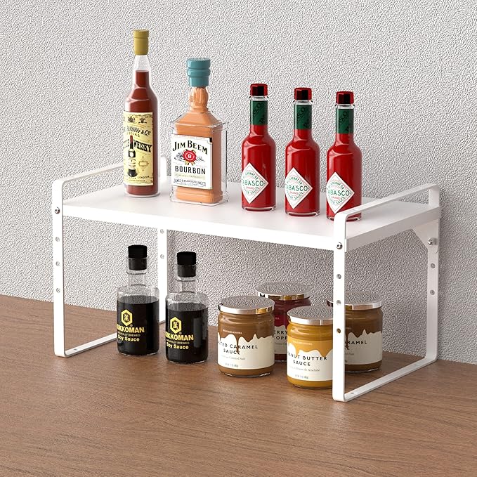 Slideep Expandable Shelf Rack Counter Organizer 16.54'' to 27.17'', 10.24'' Width Stackable Cabinet Shelves Organizer Storage Rack Cupboard Stand Spice Rack for Kitchen Bathroom Pantry -White