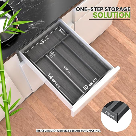 Utopia Kitchen Silverware Organizer, Bamboo Utensil Drawer Organizer for Cutlery, Utensils & Flatware (5 Compartment, Grey) Pack of 1