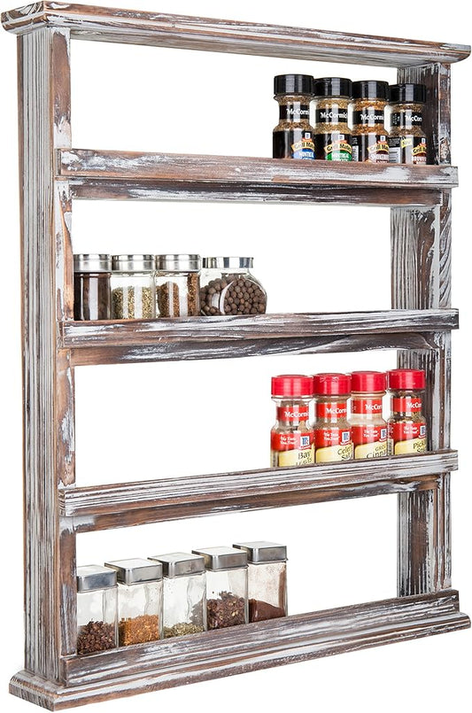 MyGift Rustic Torched Wood Wall Hanging Spice Rack, 4 Tier Seasoning Jar Shelves Pantry Organizer