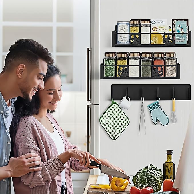Magnetic Spice Rack for Refrigerator,Spice and Seasoning Organizer,Magnetic Shelf for Fridge Side,Magnetic Fridge Organizer,3 Pack Kitchen Storage with Magnetic Hooks