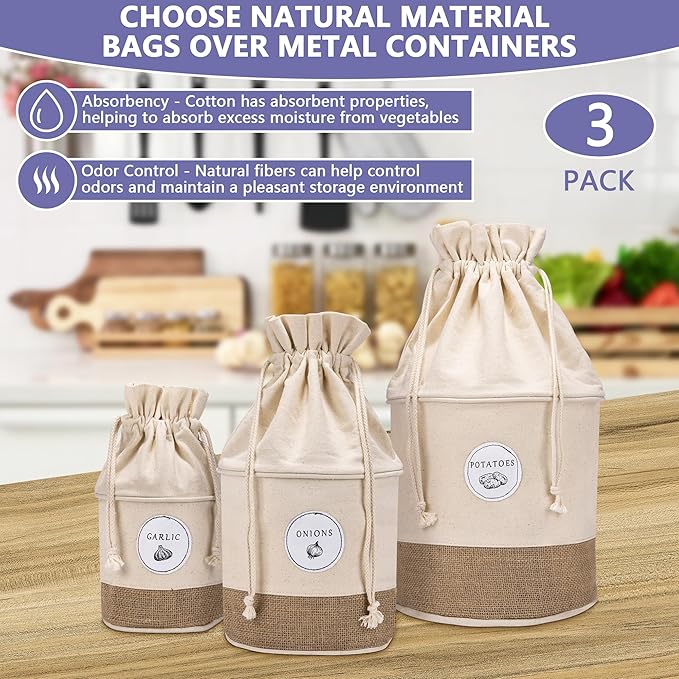 Meraki Home Potato Onion Garlic Storage Containers - Farmhouse Kitchen Storage Organization Pots - Sustainable Jute Cotton Vegetable Baskets Bins - Drawstring Holder