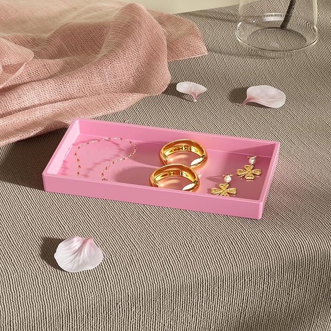 Vanity and Bathroom Tray, 7.7" ABS Countertop Organizer,Waterproof Vanity Tray for Toilet Tank,Perfume,Soap,Keys,Bathroom Accessories,Kitchen and Bath Trays,Non Slip Small Trays,Pink