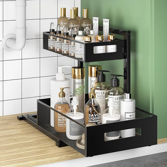Organizer and Storage for Kitchen, Bathroom, Under Sink, Upgraded Guide Rail Design Smoothly Pulls Out Cabinet Organizer and Slides Out Sink Shelf Cabinet Storage Shelves L