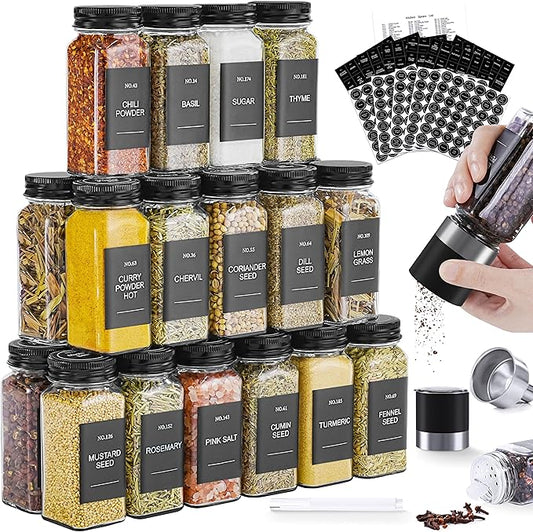 Spice Jars, 24 Pcs 4oz Seasoning Jars with Label, Glass Jars with Shaker Lids, Spice Containers Bottles with Pepper Grinder & Stainless Steel Funnel for Seasoning Organizer, Cabinet, Drawer