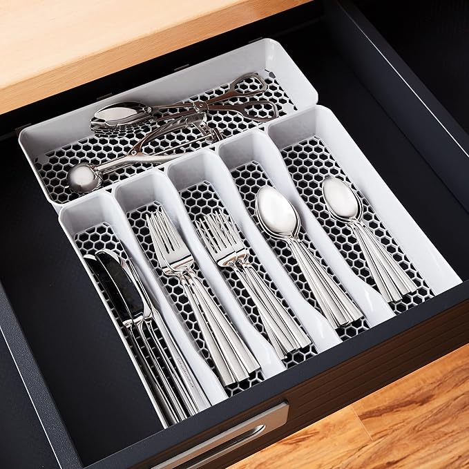 Spectrum Diversified Hexa Drawer Organizer Tray Modern Kitchen Cutlery, Utensil, Silverware Holder Caddy, 6 Dividers Cabinet Storage, 13 x 16, Stone Gray