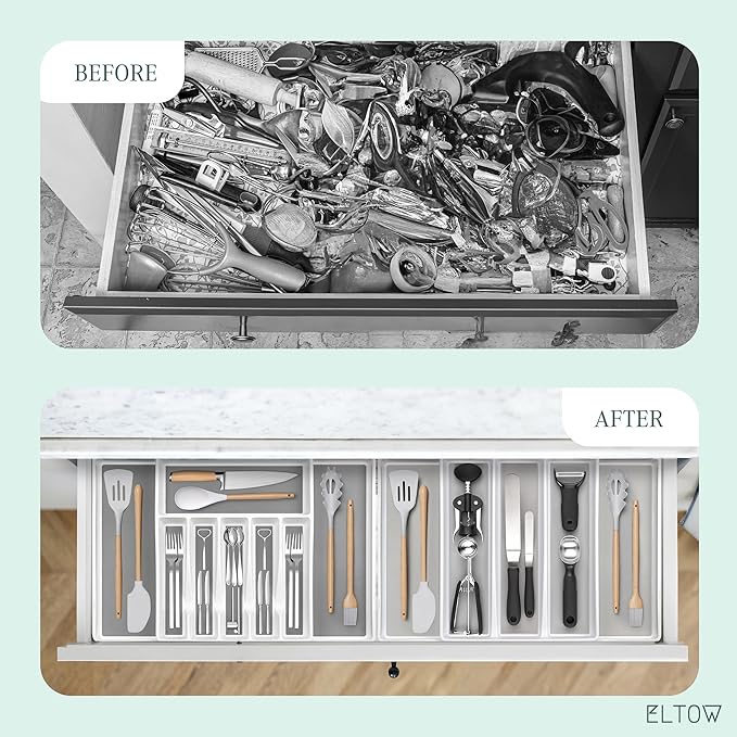 ELTOW Expandable Silverware Drawer Organizer & Utensil Tray Set, Non-Slip Kitchen Drawer Organizers and Storage, Kitchen Organization for Utensils, Cutlery, Office Supplies, Flatware Storage - White