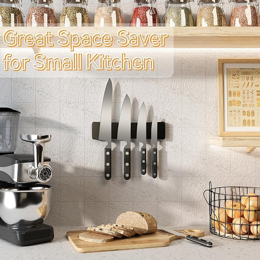 Magnetic Knife Holder for Wall, 10" Acacia Wood Knife Magnetic Strip Powerful Magnet Knife Holder Strip No Drill Use as Tool Key Storage Knife Bar, Knife Rack for Kitchen Utensil Organizer Black