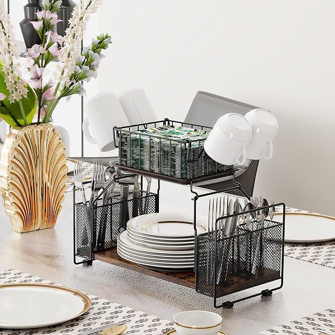 TQVAI Paper Plate Organizer, 2-Tier Countertop Silverware Utensils Napkin Holder for Party, Outdoor Buffet Picnic Caddy Camping Essentials Holder for Plates and Utensils, Black/Antique