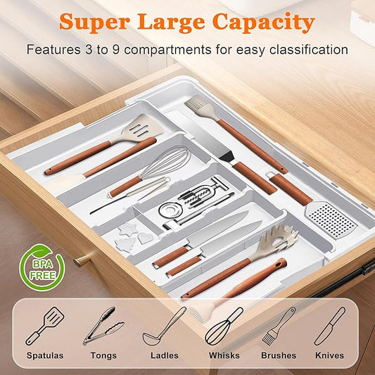 Large Utensil Drawer Organizer Expandable Silverware Organizer for Kitchen Drawer Adjustable Cooking Utensil Holder Cutlery Flatware Tray Spatula Tools Gadgets Storage Dividers Plastic White