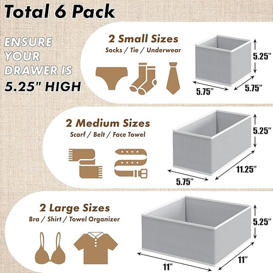 Simple Houseware Underwear Drawer Organizer for Lingerie/Undergarment/Bra/Panty/Sock/Onesie, Set of 6, Gray