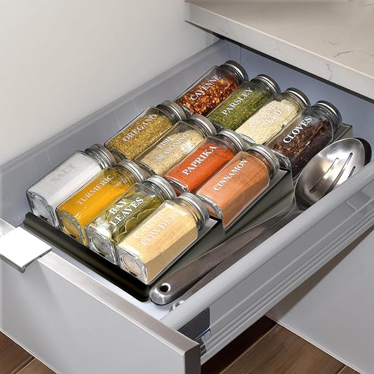 Spice Drawer Organizer | 3 Tier Kitchen Spice Rack Organizer for Drawer | Non-Skid storage Tray