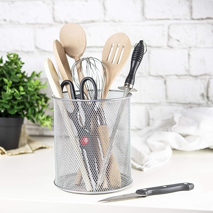 YBM Home Mesh Steel Kitchen Utensil Holder Keeps Cooking Tools & Silverware Organized and Accessible, Simple Round Cutlery Caddy Organizer for Counter, Kitchen, Table - Silver, 6-Pack 2375-6