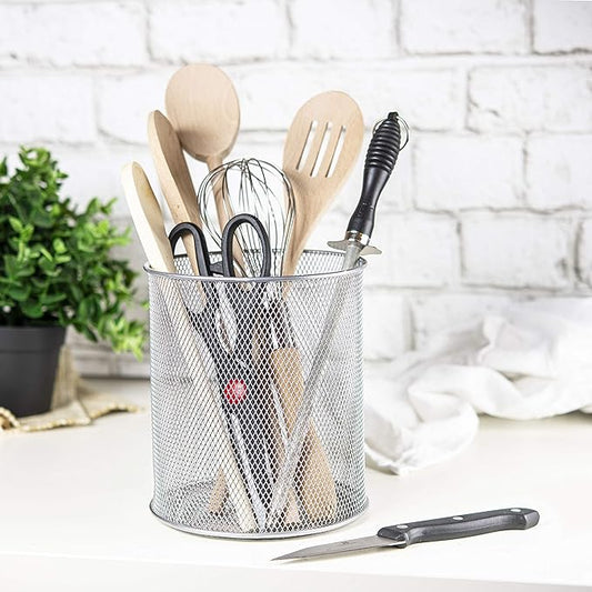 YBM Home Mesh Steel Kitchen Utensil Holder Keeps Cooking Tools & Silverware Organized and Accessible, Simple Round Cutlery Caddy Organizer for Counter, Kitchen, Table - Silver, 6-Pack 2375-6