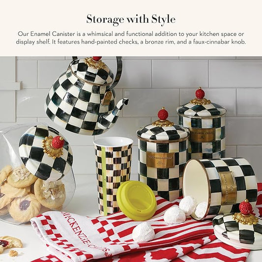 MACKENZIE-CHILDS Large Enamel Canister, Kitchen Storage Container for Flour and Sugar, 1.89 Liters, Black-and-White Courtly Check