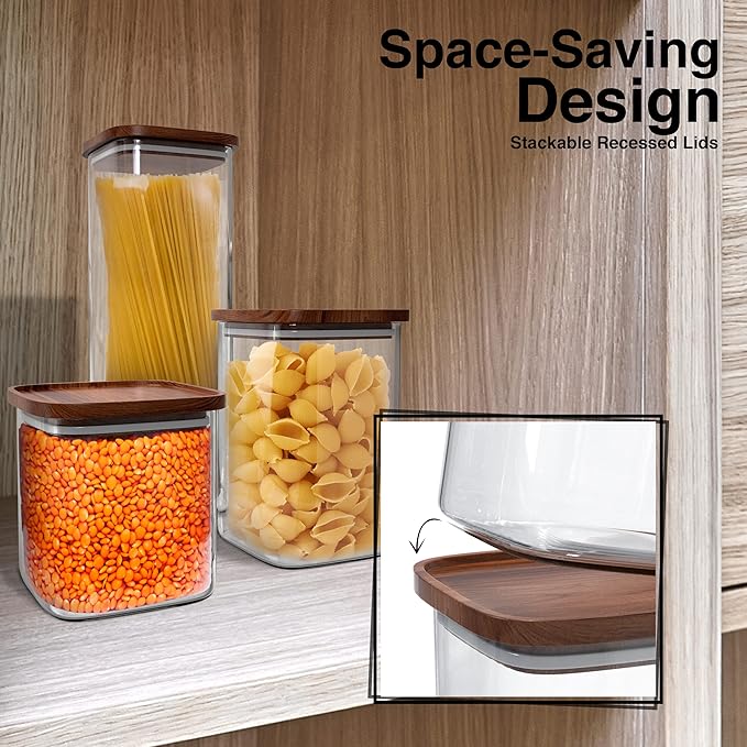 Square Glass Jars with Wood Lids Set of (2) 52 fl oz Airtight and Stackable ECO Storage Containers for Kitchen Pantry Wooden Lid BPA Free and Recyclable Canister for Food Cookies Coffee Beans