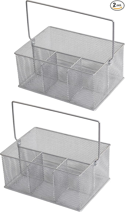 YBM HOME Mesh Silver Condiment Caddy/Kitchen Supply, Utensil, Silverware Organizer Cutlery Holder Flatware Storage Napkin Holder (Silver, 2)
