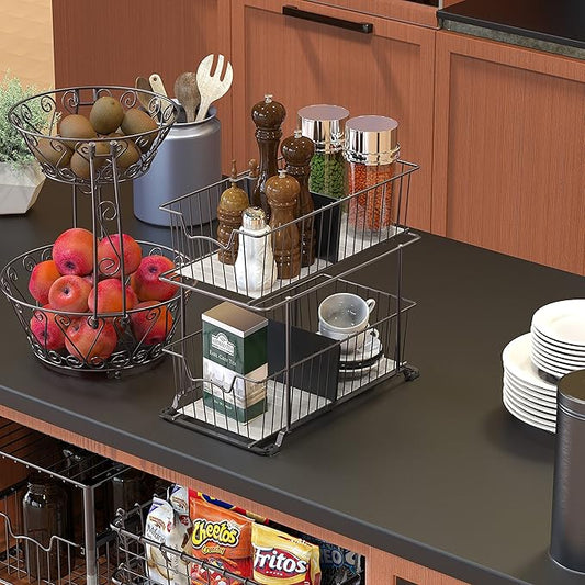 SimpleHouseware 2 Tier Cabinet Wire Basket Drawer Organizer, Brown