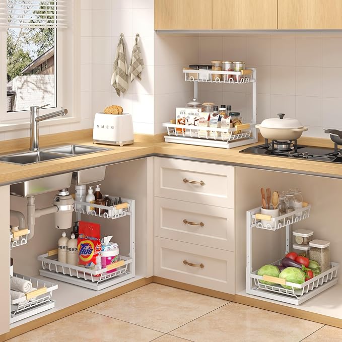 2 Packs Under Sink Organizer, High Adjustable 2 Tier Under Kitchen sink organizer, Multi-Purpose Storage Shelf for Kitchen Bathroom Cabinet, White