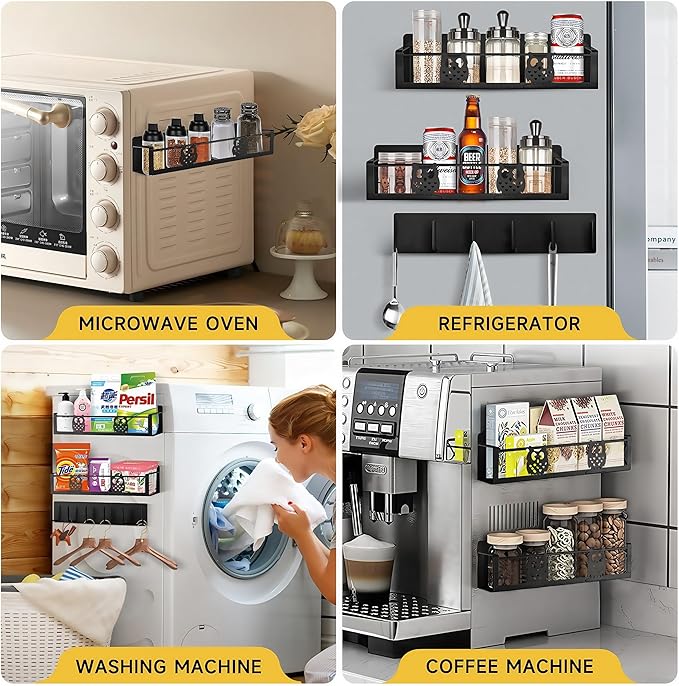 Magnetic Spice Rack for Refrigerator,Spice and Seasoning Organizer,Magnetic Shelf for Fridge Side,Magnetic Fridge Organizer,3 Pack Kitchen Storage with Magnetic Hooks