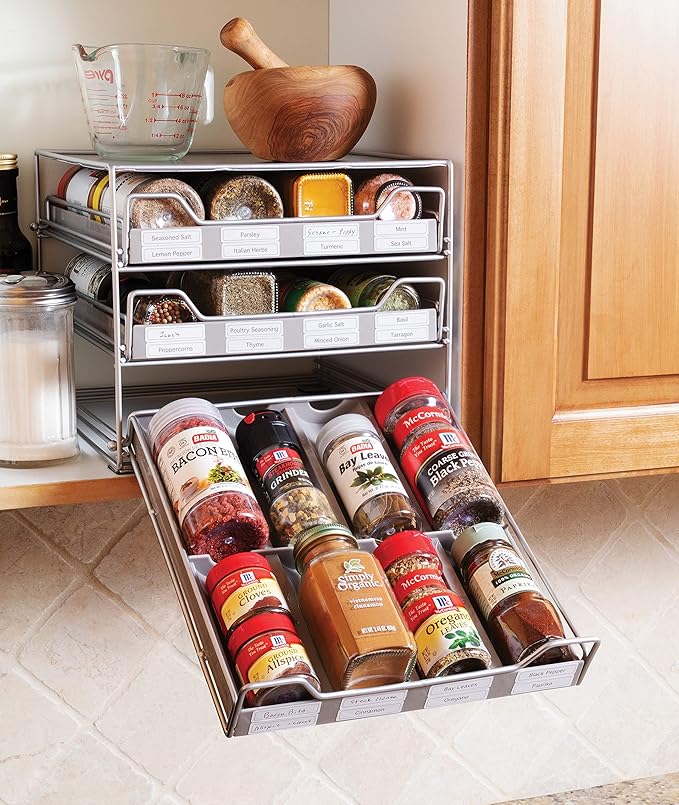 Lipper International 8724 Three-Tier Tilt-Down Kitchen and Cooking Spice Drawer Rack with 96 Labels, Silver, 24 Bottle Capacity