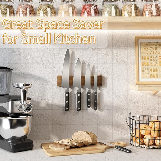 Magnetic Knife Holder for Wall, 10" Acacia Wood Knife Magnetic Strip Powerful Magnet Knife Holder Strip No Drill Use as Tool Key Storage Knife Bar, Knife Rack for Kitchen Utensil Organizer Dark Brown