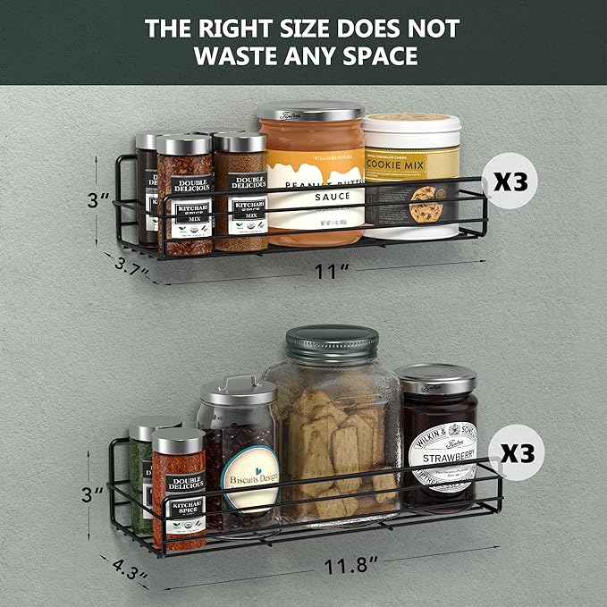 Moforoco Spice Rack Organizer Wall Mount (6Pack), Hanging Black Spice Pantry Organization Storage Shelf, Farmhouse Seasoning Organizer, Flexible Wall Shelves, Kitchen Essentials Home Decor