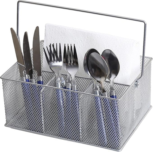 YBM HOME Mesh Silver Condiment Caddy/Kitchen Supply, Utensil, Silverware Organizer Cutlery Holder Flatware Storage Napkin Holder (Silver, 1)