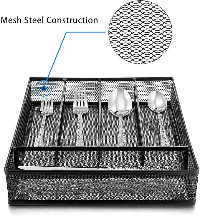 LIANYU Silverware Utensil Drawer Organizer, 5 Compartments Steel Mesh Cutlery Flatware Tray with Foam Feet, 9 1/4" W x 12 1/2" L x 2" H, Black