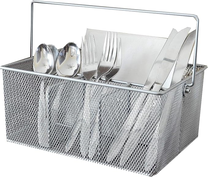 Utensil Caddy - Silverware Caddy for Parties, Spoon Holder, Buffet Organizer for Condiments, Napkin, Forks, Knives - Stainless Steel Flatware Caddy for Home, (Silver)