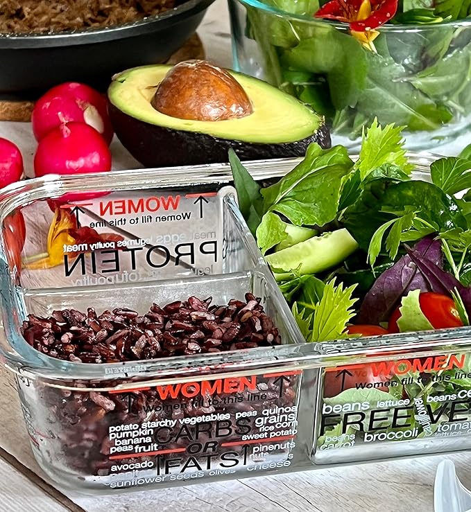 Portion Perfection Portion Control Containers - Glass Oven Ready, Freezer Safe Meal Prep Containers Reusable for Food 3pk, 3 Compartment with Lids, Practical Weight Control Products