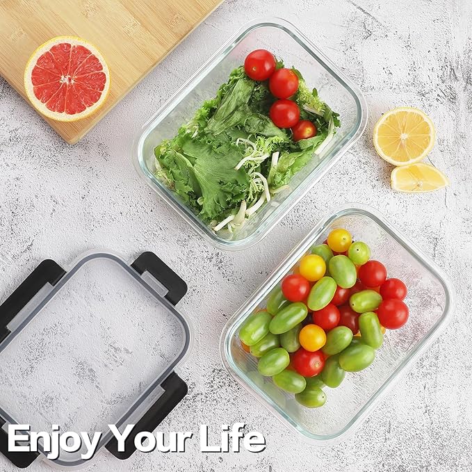 HOMBERKING 24pc Glass Food Storage Containers with Lids, Glass Meal Prep Containers with Leak Proof Snap Lock Lids, Airtight Bento Lunch Boxes, Kitchen Storage (12 lids & 12 Containers) - Black