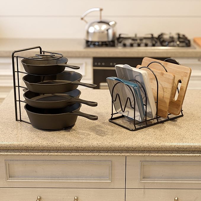 SpaceAid Heavy Duty Pan Organizer Rack for Cabinet, Pot Lid Holder, Kitchen Organization & Storage for Cast Iron Skillet, Bakeware, Cutting Board - No Assembly Required (1 pack)