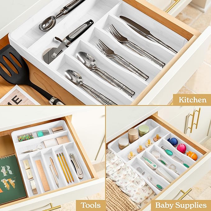 SMIRLY Silverware Drawer Organizer – Bamboo Kitchen Drawer Organizer, Adjustable Utensil Holder and Cutlery Tray, Drawer Dividers for Flatware and Kitchen Utensils