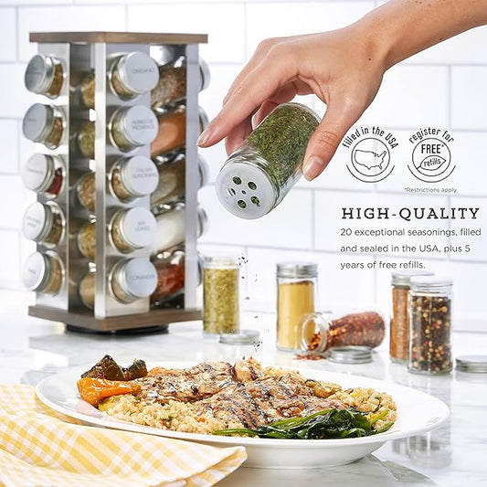 Kamenstein 20 Jar Vintage Revolving Countertop Spice Rack Organizer with Spices Included, FREE Spice Refills for 5 Years, Wood and Stainless Steel with Metal Caps