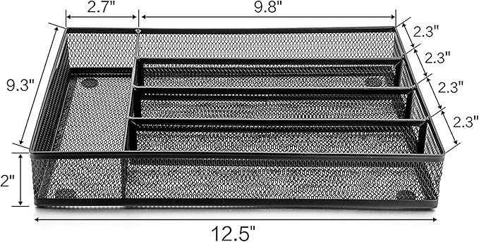 LIANYU Silverware Utensil Drawer Organizer, 5 Compartments Steel Mesh Cutlery Flatware Tray with Foam Feet, 9 1/4" W x 12 1/2" L x 2" H, Black