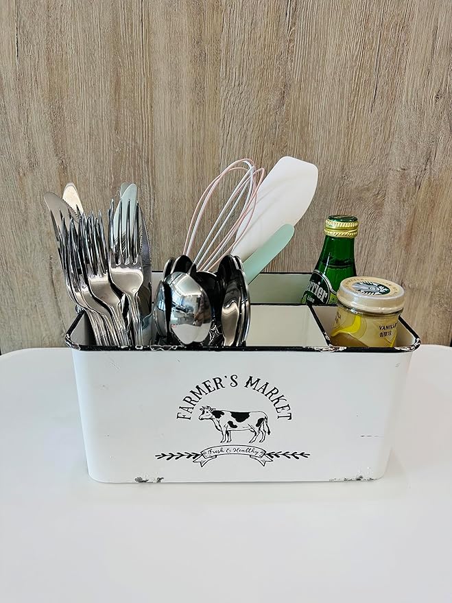 Distressed White, Portable Versatile Metal Storage Caddy Organizer with 6 Compartments & Handle - Perfect for Organizing Kitchen Utensils, Office Supplies, Bathroom Essentials & Bedroom Knick-Knacks