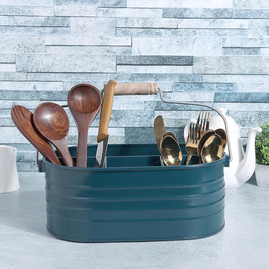 Alpha Living Home - Silverware Caddy, Wooden Utensil Holder with Handle, 4 Compartment Cutlery Organizer Bin for Forks, Spoons, Knives, Picnic, Kitchen Countertop Storage - Dark Cyan