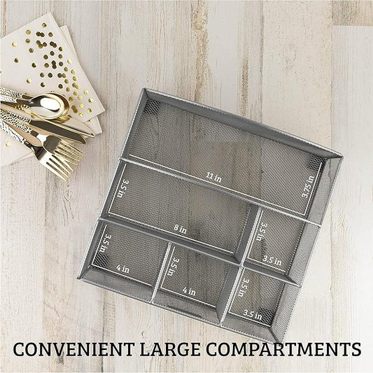 ELTOW Silverware Holder and Paper Plate Organizer for Countertop, 6 Compartment Utensil Caddy for Parties, Home, Office, or RV Lifestyle (Silver)