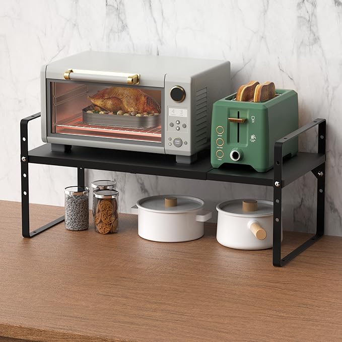 Expandable Kitchen Cabinet Shelf Organizers, Stackable Metal Pantry Storage Shelves Rack, Adjustable Counter Spice Shelf for Cabinets, Countertop, Cupboard Organizers and Storage, Black