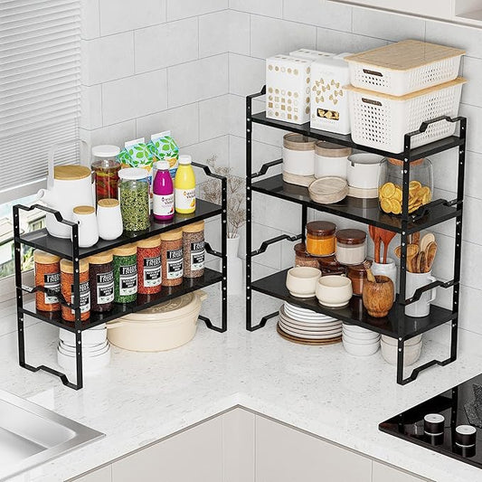 Expandable Shelf for Cabinet Organizer Adjustable Stackable Spice Rack at Kitchen and Bathroom More, Counter Countertop Cupboard Organization Pantry Storage(MEDIUM/2PACKS/BLACK)