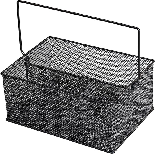YBM HOME Mesh Basket Utensil Holder & Picnic Silverware Caddy Organizer with Four Compartments and Napkin Storage, Black