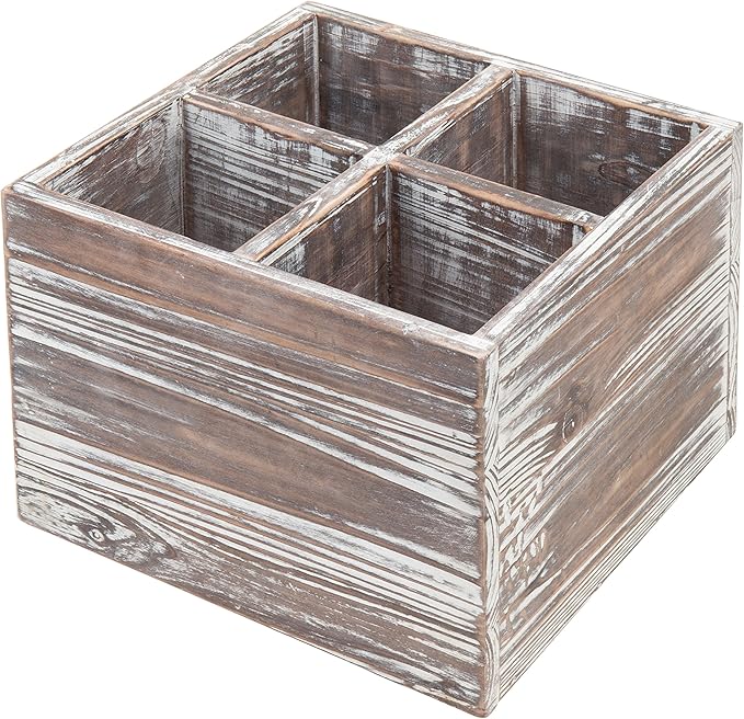 MyGift Rustic Torched Wood Square Cooking Utensil Holder for Kitchen Counter Organizer, Flatware Storage Caddy with 4 Divided Compartments