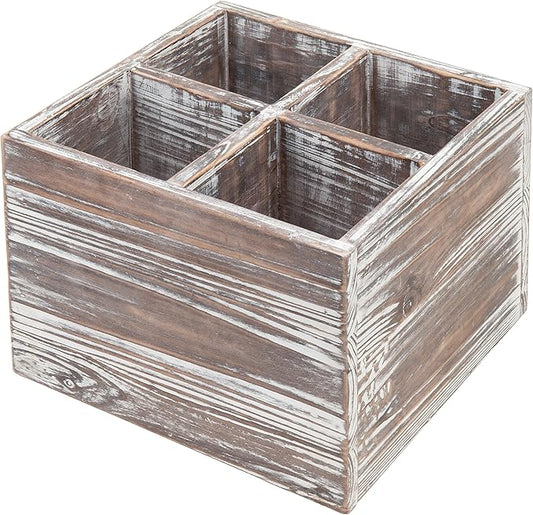 MyGift Rustic Torched Wood Square Cooking Utensil Holder for Kitchen Counter Organizer, Flatware Storage Caddy with 4 Divided Compartments